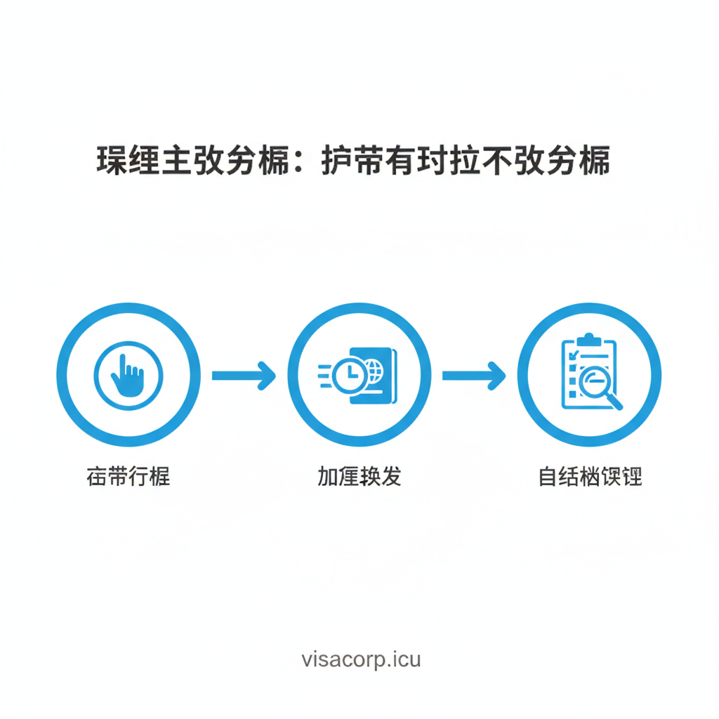 扁平化风格的步骤指引图，展示“紧急自救方案”的流程。画面包含三个连接的图标节点：左侧是“停止行程”的暂停手势，中间是“加急换发”的快进时钟与护照图标，右侧是“白名单查询”的放大镜与清单图标。箭头流畅引导视线，背景洁白干净，重点元素使用visacorp品牌的科技蓝色，让复杂的应急流程变得直观易懂。