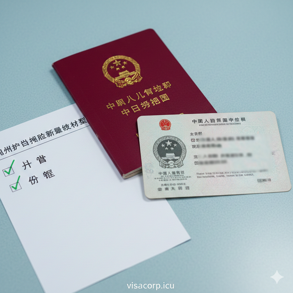 特写视角的材料清单展示图，重点突出‘户口簿’和‘身份证’这两个关键证件。画面采用微距摄影风格，清晰展示户口簿的深红色封皮和身份证的纹理细节。旁边放置一张带有绿色对钩标记的纸质检查清单（Checklist），背景为淡蓝色的办公桌面，象征visacorp.icu提供的专业审核服务，帮助用户一目了然地确认基础材料。