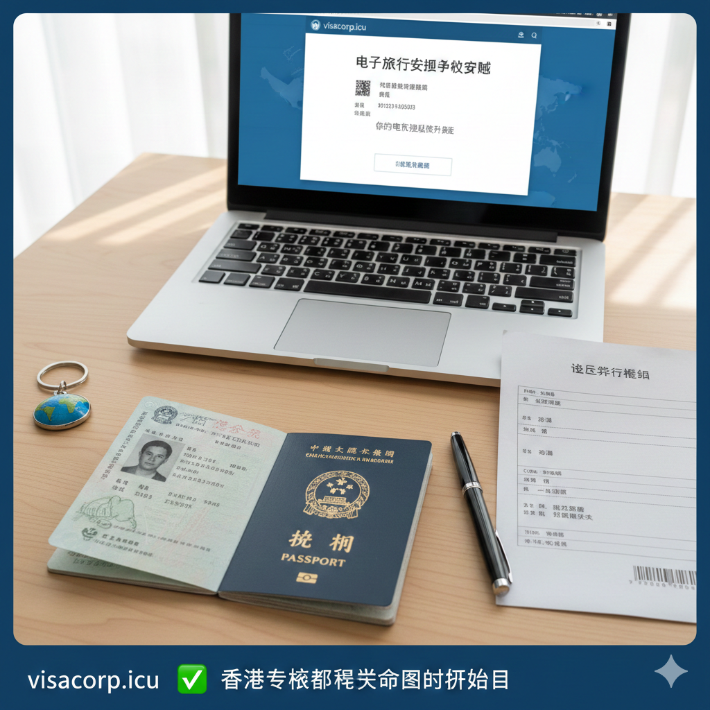 一张模拟旅客视角的实拍风格图片，展示出行前的准备工作。画面中是一张干净的木质桌面，上面放着一本打开的香港特区护照（特写显示有效期页面），旁边是一台笔记本电脑，屏幕上显示着‘eTA Application Approved’（电子旅行授权已批准）的界面，以及一张打印好的返程机票。光线明亮自然，营造出井井有条、准备充分的氛围，旨在提醒用户关注隐形门槛和入境细节。