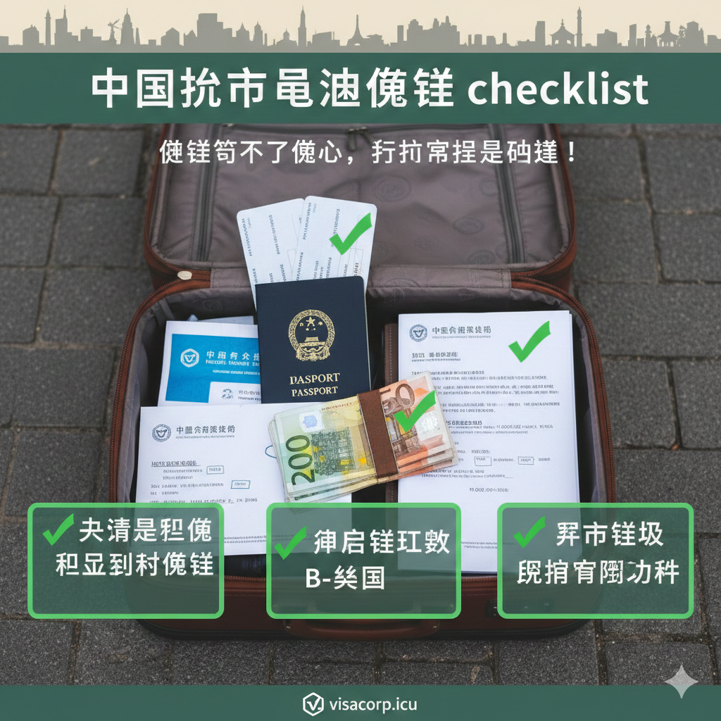 一张总结性的清单/总结图。画面是一个旅行者正在整理行李箱的俯视角度，行李箱内放置着护照、机票、欧元现金、旅游保险单和酒店预订单，所有物品都被打上了绿色的“CHECK”对勾。在行李箱外侧，以手写体风格（或卡通图标）列出关键的总结点：'✅ 查清是互免还是条件免签'、'✅ 申根签解锁 B 类国'、'✅ 准备边境盘问文件'。整体色彩明亮且具有旅行气息，旨在提醒用户“免签不等于免心”，需要做好充足的行前准备。