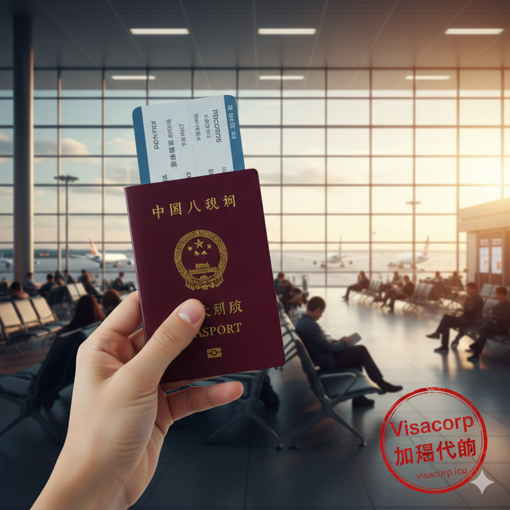 一张充满希望和安心感的总结图片。画面主体为一只手拿着崭新的中国护照和一张回国机票，背景是现代化的国际机场候机大厅，阳光透过落地窗洒入。右下角巧妙融入Visacorp的品牌Logo或'加急代办'的服务印章。色调温暖明亮，象征着通过Visacorp的服务顺利解决护照问题，开启无忧旅程。