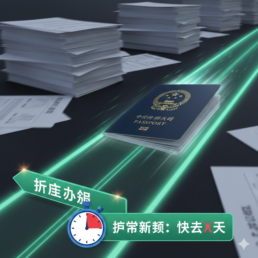 A dynamic visual illustrating the 'Expedited Service' advantage. A passport is shown gliding along a glowing, green 'Fast Track' lane, bypassing a blurred background of stacked paperwork. Speed lines and sparkles indicate efficiency. A stopwatch icon in the foreground stops at a short interval. The composition uses perspective to draw the eye forward, symbolizing the speed and priority handling of the expedited passport renewal option.