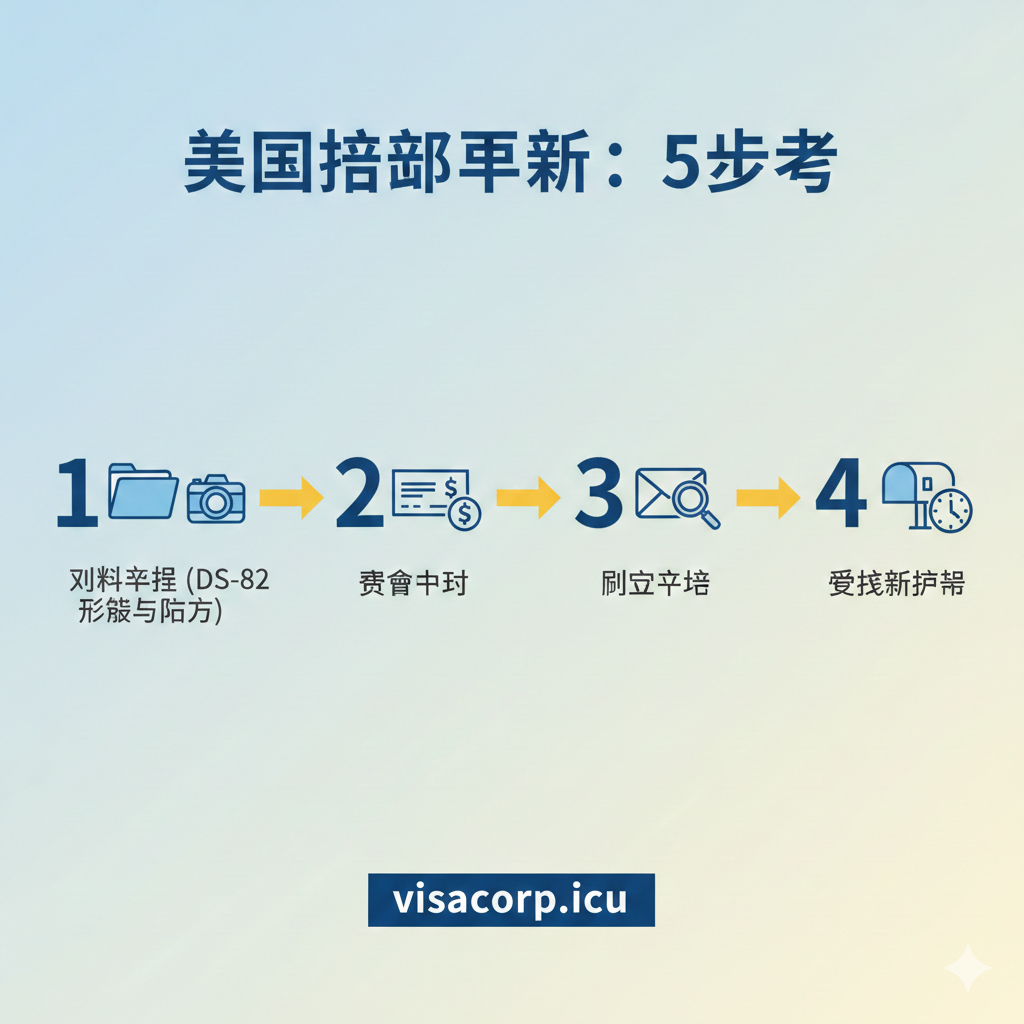 一张清晰展示“美国护照更新5个步骤”的教程图。使用数字1到5作为主要视觉引导,每个数字旁配以简洁的图标:1. 文件准备(表格和照片图标),2. 费用支付(支票或美元图标),3. 邮寄(信封图标),4. 处理追踪(时钟或放大镜图标),5. 接收(邮箱图标)。整体采用垂直或水平的流程图布局,色彩运用活泼但不失专业,例如蓝色和黄色。目的是让用户一目了然地掌握整个邮寄申请流程。