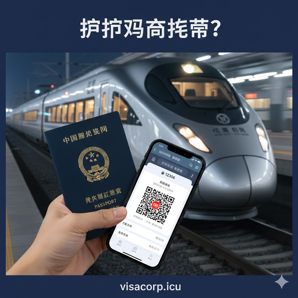 高铁票可以用护照买吗主题的封面图。图片主体是一个手持深蓝色护照（显示护照金色国徽），旁边叠加着一张印有高铁信息的电子客票二维码（或一个模拟12306 App界面的手机）。背景是高速运行的银白色中国复兴号高铁车头，车窗透出微弱的暖光。整体风格现代、科技感强，色彩以中国红、深蓝色和高铁银白色为主，强调“护照”和“高铁”的结合，暗示便捷通行。构图采用三分法，将护照和手机放在前景视觉中心。