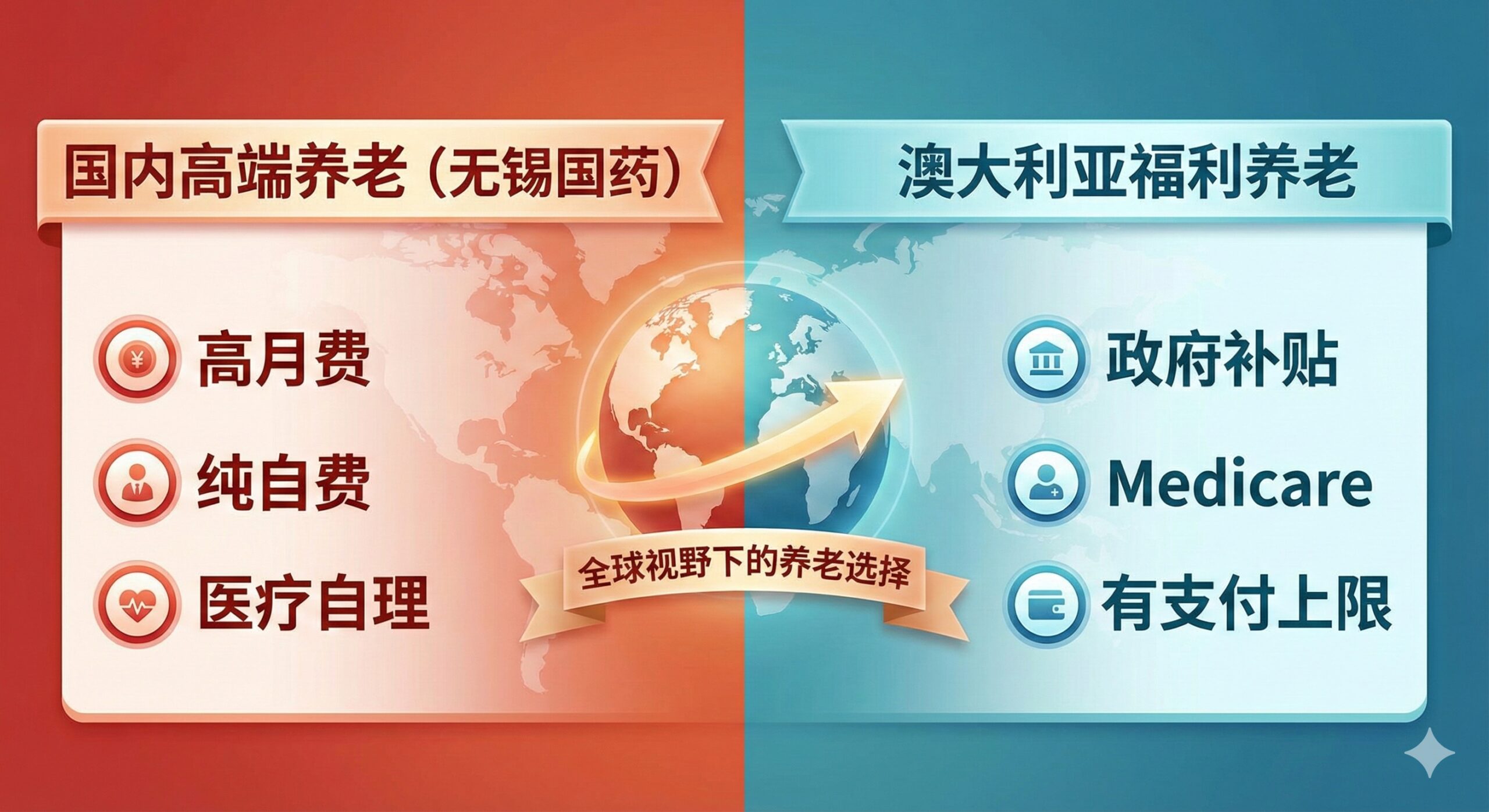 一张总结性的对比表格或摘要图。图表的左半部分用红色或暖色调，标题为“国内高端养老（无锡国药）”，下方列出关键词：高月费、纯自费、医疗自理。图表的右半部分用蓝色或冷色调，标题为“澳大利亚福利养老”，下方列出关键词：政府补贴、Medicare、有支付上限。中心放置一个地球或世界地图的图标，表明“全球视野下的养老选择”，强调本文的国际对比结论。