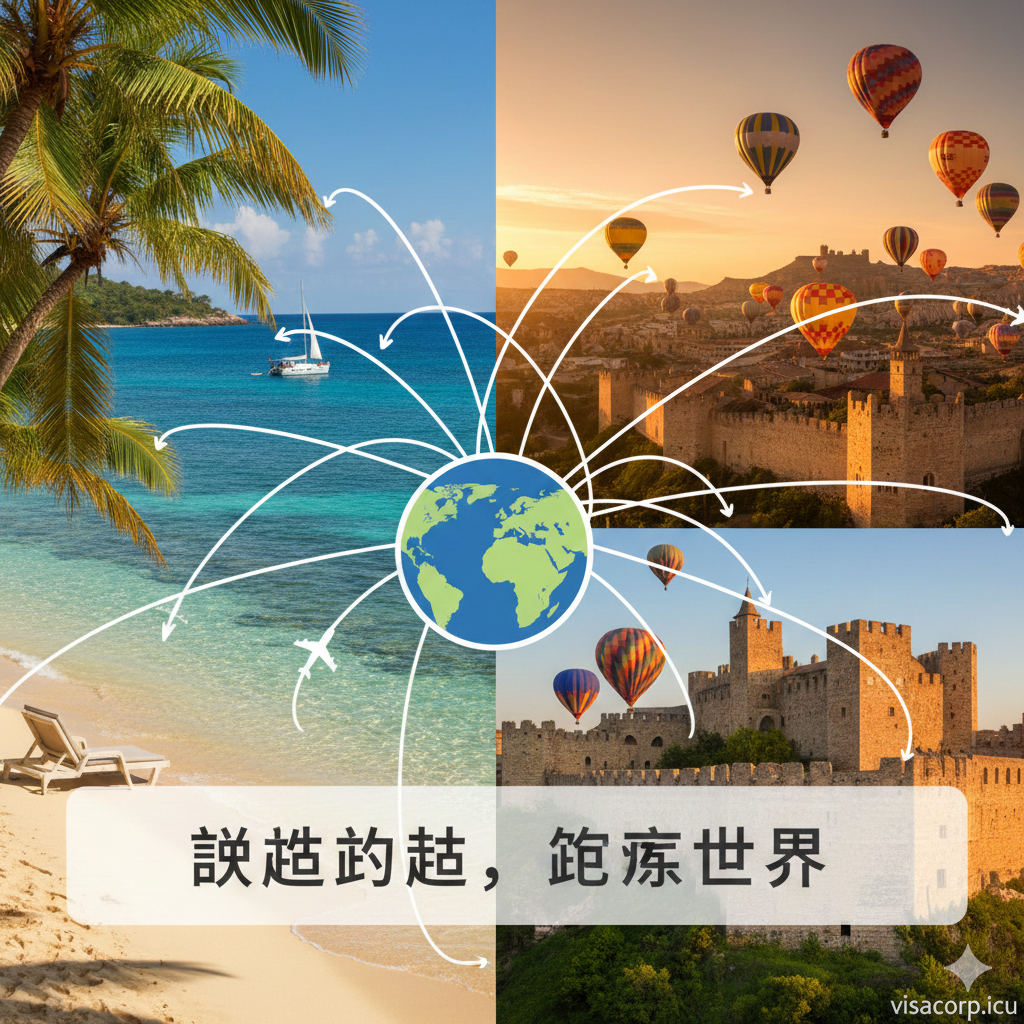 一张充满憧憬的旅行拼贴总结图，融合了多个热门免签目的地的标志性景观。画面左侧是阳光明媚的加勒比海滩，右侧是古老的欧洲非申根区建筑或土耳其热气球，中间巧妙融合了飞行的航线元素。画面中央或底部叠加了半透明的白色文本框，隐喻'说走就走'的自由。整体色彩饱和度较高，充满活力与希望，旨在激发读者的探索欲，并作为文章的完美收尾。