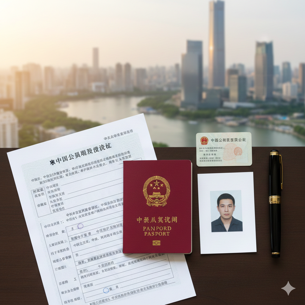 一张高质量的商务风格桌面俯拍图，展示了办理中国护照所需的核心材料。画面中央是一本红色的中国电子护照，周围整齐摆放着《中国公民出入境证件申请表》、一支高档签字笔、身份证样卡以及打印好的白色背景证件照。背景中隐约可见杭州西湖或现代化城市天际线的虚化影像，光线柔和明亮，营造出专业、高效且准备充分的氛围，适合作为2025年最新指南的封面。