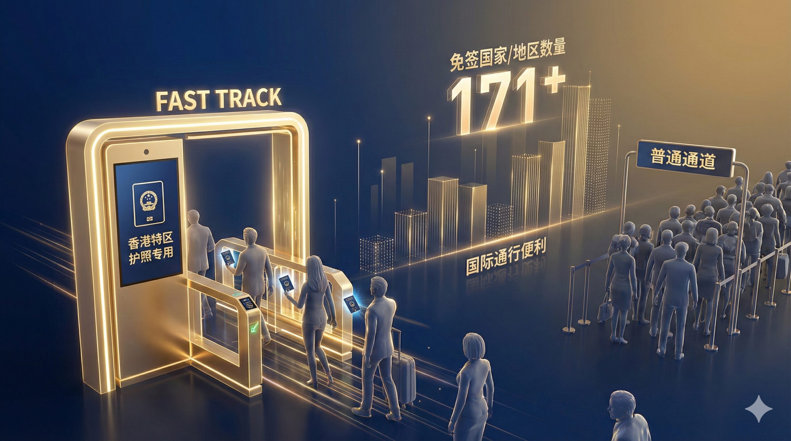 一张富有现代感的3D概念插画，用于对比和展示香港护照的优势。画面左侧展示一个金色的‘快速通道’（Fast Track）闸机，闸机屏幕显示香港护照图标，而在右侧则是普通的排队通道。背景中有抽象的数据柱状图向上攀升，标有‘171+’字样，象征免签国家数量之多。整体色调采用深蓝与金色的渐变，强调香港护照的高含金量和国际通行的便利性，视觉上极具说服力。