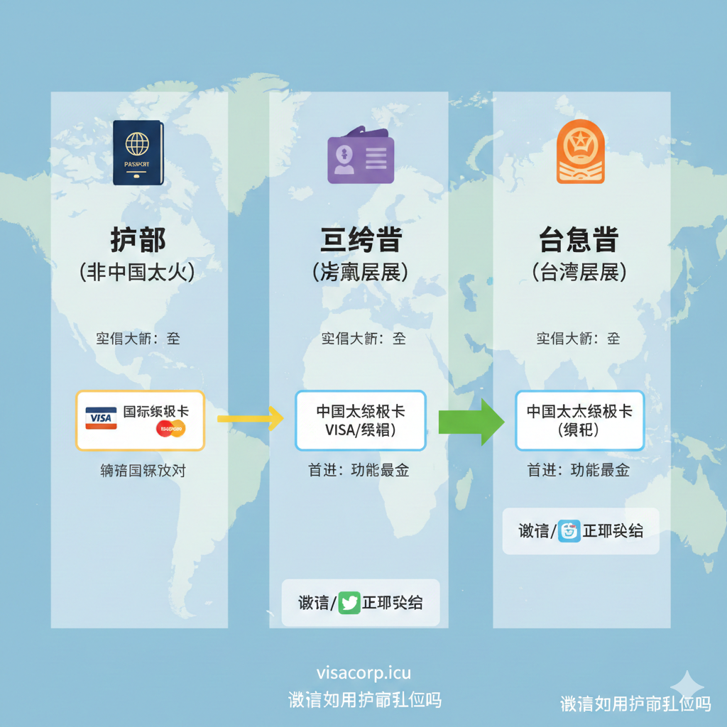 这张总结图用于对比护照、回乡证、台胞证三种证件实名认证的优劣。画面应设计成一个对比三列表格的抽象化图形。重点突出回乡证/台胞证连接中国大陆银行卡的路径（使用绿色大箭头标示为“首选”），而护照连接国际卡的路径则用黄色或中等箭头标示。背景可以融入中国地图或全球化的地球元素。图标应简洁地代表每种证件（如护照图标、港澳通行证图标、台湾证件图标），强调对于港澳台用户，选择大陆证件和大陆银行卡能获得最全面的功能。