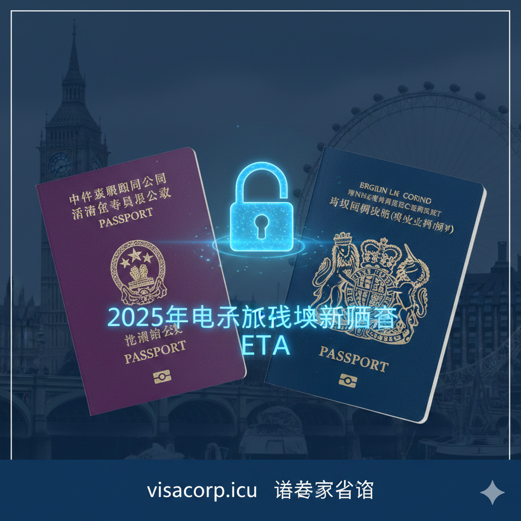 一张极具新闻时效性的封面图，背景是著名的伦敦天际线，包括大本钟和伦敦眼，色调采用专业的深蓝色与英伦红。前景清晰展示两本护照：左侧是香港特区护照（HKSAR），右侧是深蓝色的BNO护照。画面中央悬浮着发光的全息文字'2025 ETA Policy'，并带有一个数字锁图标，象征新的电子入境要求。整体风格权威、商务，符合Visacorp.icu的专业签证咨询形象，光线柔和但重点突出。
