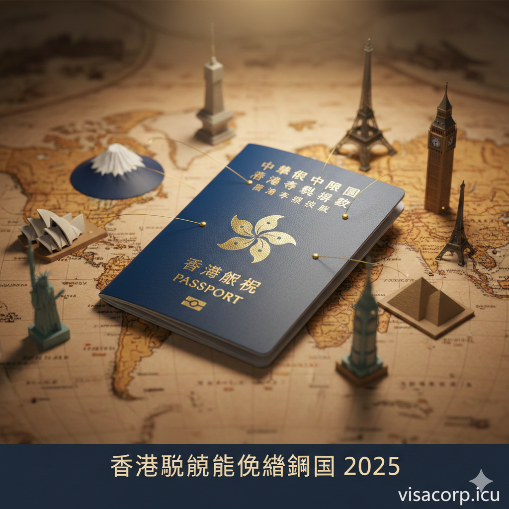 一张极具视觉冲击力的封面图，核心焦点是一本高清晰度的香港特区护照（蓝色封面，金色紫荆花徽章），放置在一张复古风格的世界地图之上。护照周围环绕着象征全球热门目的地的微缩3D地标模型，如日本富士山、巴黎埃菲尔铁塔和伦敦大本钟，寓意‘一照在手，畅行全球’。光线采用温暖的聚光灯效果，突出护照的金色质感，背景虚化处理以突出主体，整体风格专业、高端，符合visacorp.icu的权威形象。