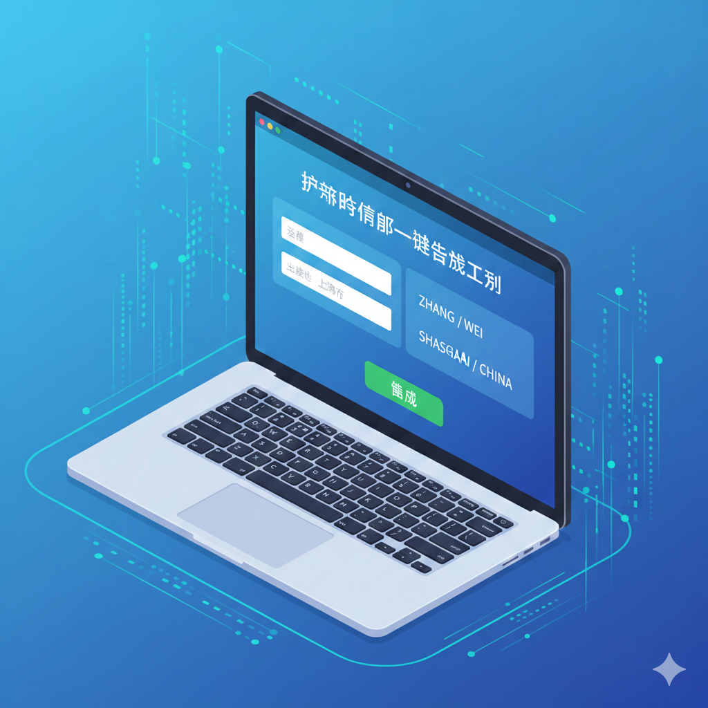 一张现代科技感的等距视角插画或3D渲染图，展示一台笔记本电脑屏幕正在运行'护照信息一键生成工具'。屏幕左侧显示输入的中文姓名和出生地，右侧显示自动生成、格式完美的英文大写结果。画面伴有浮动的数据流光效和绿色的'生成'按钮，背景为简洁的科技蓝渐变，强调工具的高效、自动化和零错误的特性。