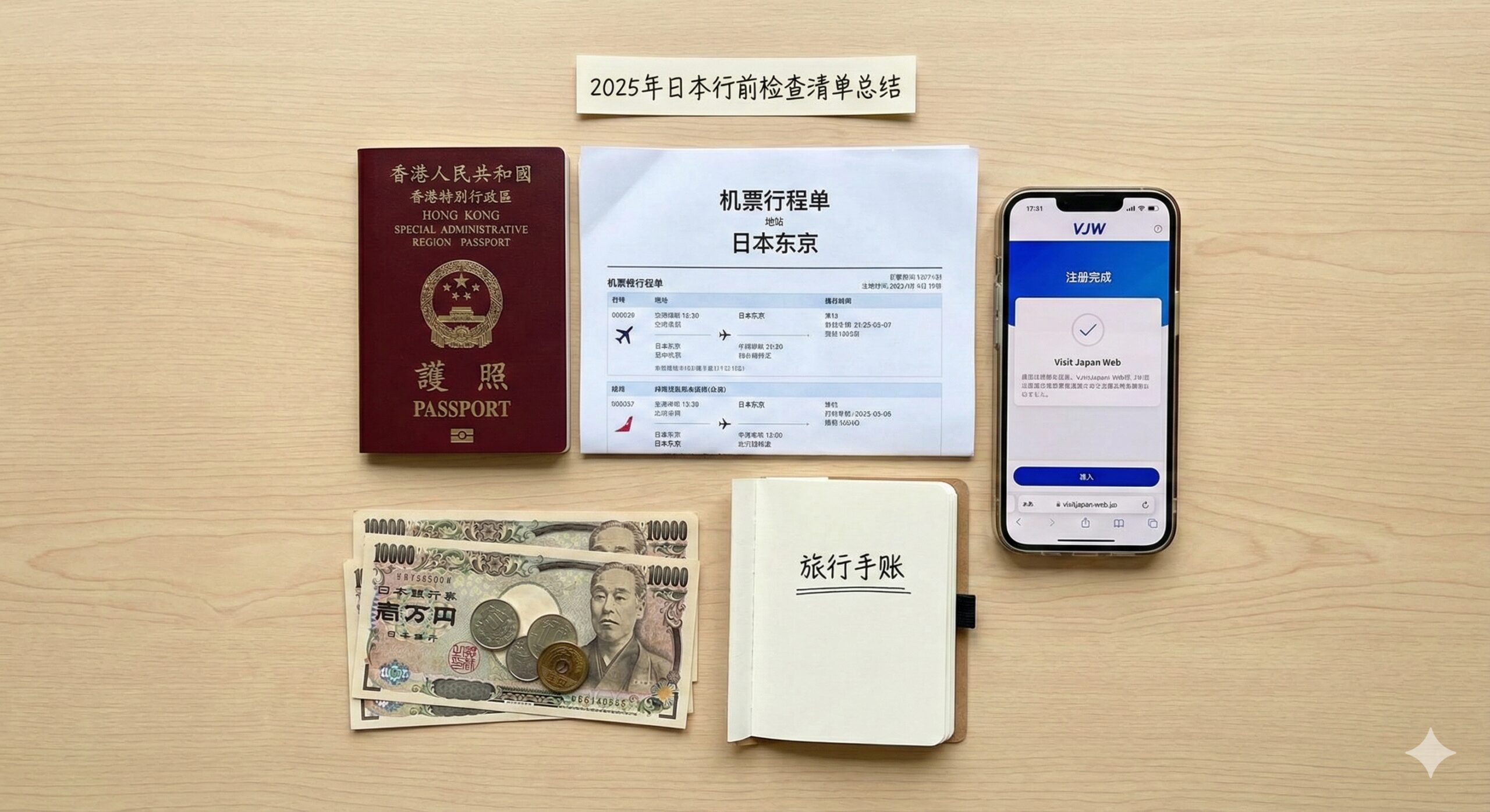 一张行前检查清单的俯拍(Flat lay)风格图片。桌面上整齐摆放着去日本的必备物品:护照、打印好的机票行程单、日元现金、显示VJW界面的手机以及一个小型的旅行手账本。画面构图井井有条,色彩清新,象征着准备工作就绪,为文章的结语和行前Check List提供完美的视觉总结。