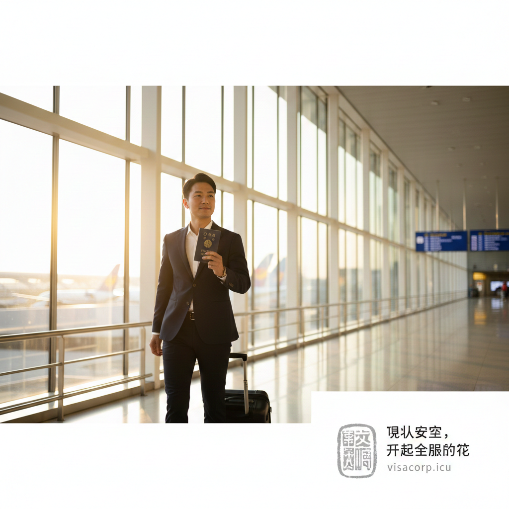 一张充满希望和成功寓意的生活方式摄影图。画面描绘了一位穿着商务正装的亚裔人士，手推行李箱，自信地走在明亮的国际机场长廊中，手中轻松地握着一本日本护照。阳光从巨大的玻璃窗洒入，形成逆光剪影效果。图片下方或侧边留白处暗示着'归化成功'或'身份规划完成'的意象，传达出获得日本身份后开启全球自由生活的愿景，激励用户咨询visacorp.icu。