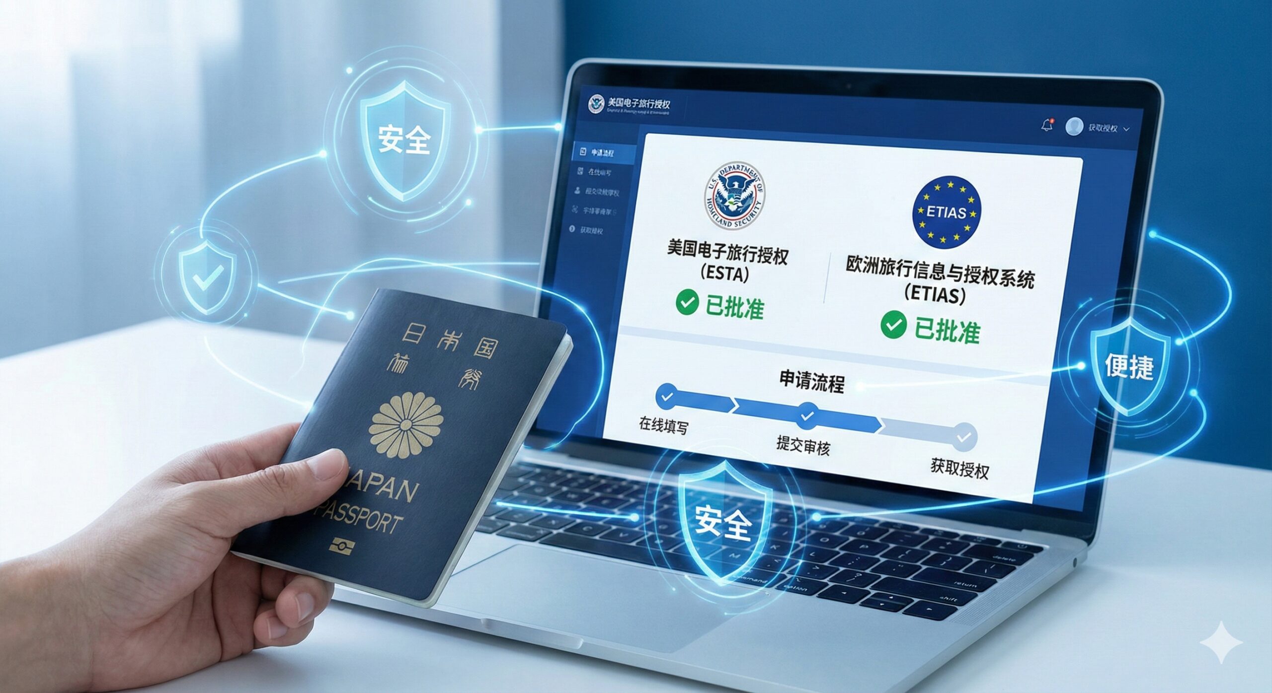 一张展示电子旅行授权（ESTA/ETIAS/ETA）申请流程的各种概念图。画面前景是一只手持有日本护照，背景是一台打开的笔记本电脑或平板电脑，屏幕上清晰显示着美国ESTA和欧洲ETIAS的官方标志以及绿色的'Approved'（已批准）对勾图标。周围漂浮着极简的数字科技线条和盾牌图标，象征着电子签的安全与便捷。整体色调为科技蓝与白，突出现代化、数字化的通关体验。