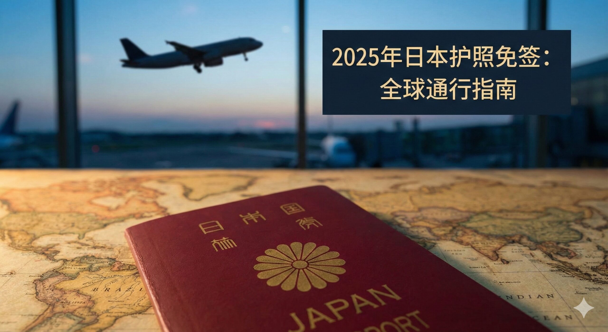 一张极具质感的高清特写摄影图，画面核心是一本放置在复古世界地图上的日本护照，重点聚焦于护照封面的菊花纹章和金色的'JAPAN'字样。背景呈现出一种高端商务的氛围，带有虚化的国际机场航站楼落地窗或起飞的飞机剪影。光线柔和而温暖，强调护照作为'全球通行证'的尊贵感，色彩以深红、金色和稳重的海军蓝为主，完美契合2025年最强护照的主题。