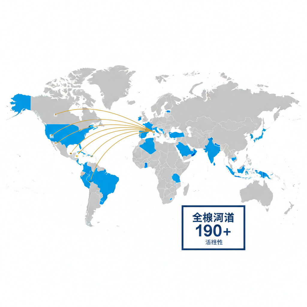 一张现代简约风格的数据可视化地图插画。在一张浅灰色的世界地图背景上，使用醒目的亮蓝色高亮显示日本护照免签的190多个国家和地区，特别是北美、欧洲申根区和澳洲。地图上用优雅的金色弧线连接日本与世界主要金融中心，象征着无障碍的全球流动性。画面右侧配有简洁的图表元素，展示'190+ Destinations'的数据优势，风格专业严谨，适合visacorp.icu的专业形象。