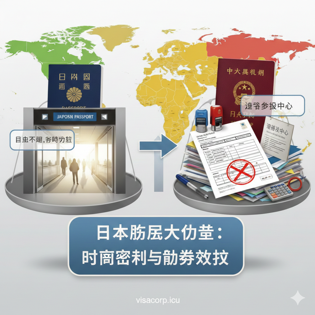 一张具有强烈对比效果的概念图，用于展示中日护照免签差异。画面左侧是日本护照，通向一个敞开的、充满阳光的登机口，象征自由通行；画面右侧是一本暗红色的护照（象征中国护照），面前堆叠着繁琐的签证申请表格和印章，象征手续复杂。中间使用一个天平或对比箭头连接，直观地表现出日本护照在时间成本和商务效率上的巨大优势，视觉风格清晰、直接。