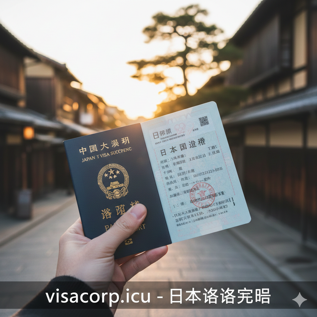 第一人称视角的实景摄影图，展示一只手拿着打开的中国护照，页面上清晰贴着一张日本签证贴纸（Visa Sticker）。背景是繁华的东京街头或古朴的京都街道，夕阳的余晖洒在护照上，营造出温暖、充满希望的氛围。画面焦点聚焦在签证页上，暗示最终的成功结果，激发用户立即行动申请签证的欲望，作为文章的完美总结。