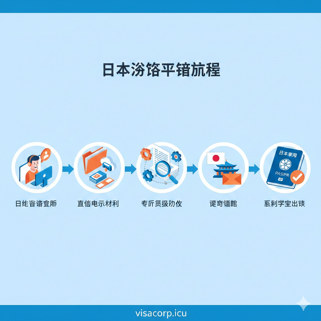 采用现代扁平化或2.5D等距插画风格，生动描绘日本签证申请的五步流程图。从左至右依次为：在线咨询顾问、提交电子材料、专家审核优化（放大镜图标）、递交领馆（日本国旗标志）、最终成功出签（护照上的盖章）。各个步骤之间用流畅的蓝色箭头连接，配色采用科技蓝与活力橙的搭配，体现visacorp.icu代办服务的高效与便捷。