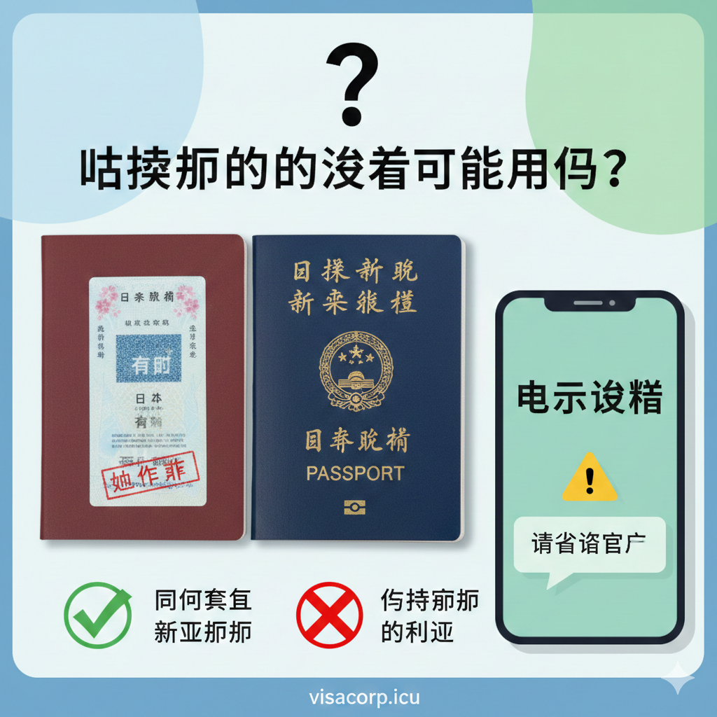 图片用于文章末尾的总结和FAQ解答部分，应突出关键信息和“新旧护照”的处理。主视觉元素为两本不同状态的护照：一本是“旧护照”（已注销），上面贴有有效的日本贴纸签；另一本是“新护照”。用一个简洁的问号和答案的对比形式来呈现“新旧护照同时使用”的解决方案。旁边可以有一个手机或电脑屏幕的抽象图形，显示“eVisa”字样，并配上一个“⚠️咨询”的标志，提醒电子签的特殊性。色彩柔和且对比鲜明，使总结信息一目了然。