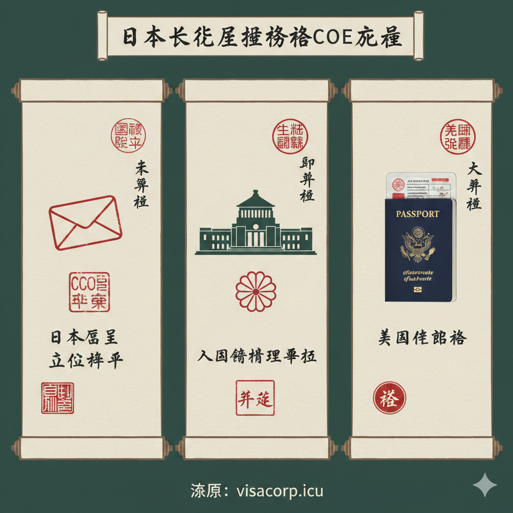 此图用于长期居留签证的教程部分，特别是COE流程。图片应设计为流程图或多步骤指示图的风格，以日本传统印章或卷轴为设计灵感。主体流程包含三个关键步骤：1. 日本雇主提交COE申请（COE表格或信封图标），2. 入国管理局审批（日本政府的标志性建筑或印章图标），3. 美国使领馆贴签（护照页上贴着签证贴纸的特写）。整体色调沉稳，如米白、深红和墨绿色，体现流程的严谨性。