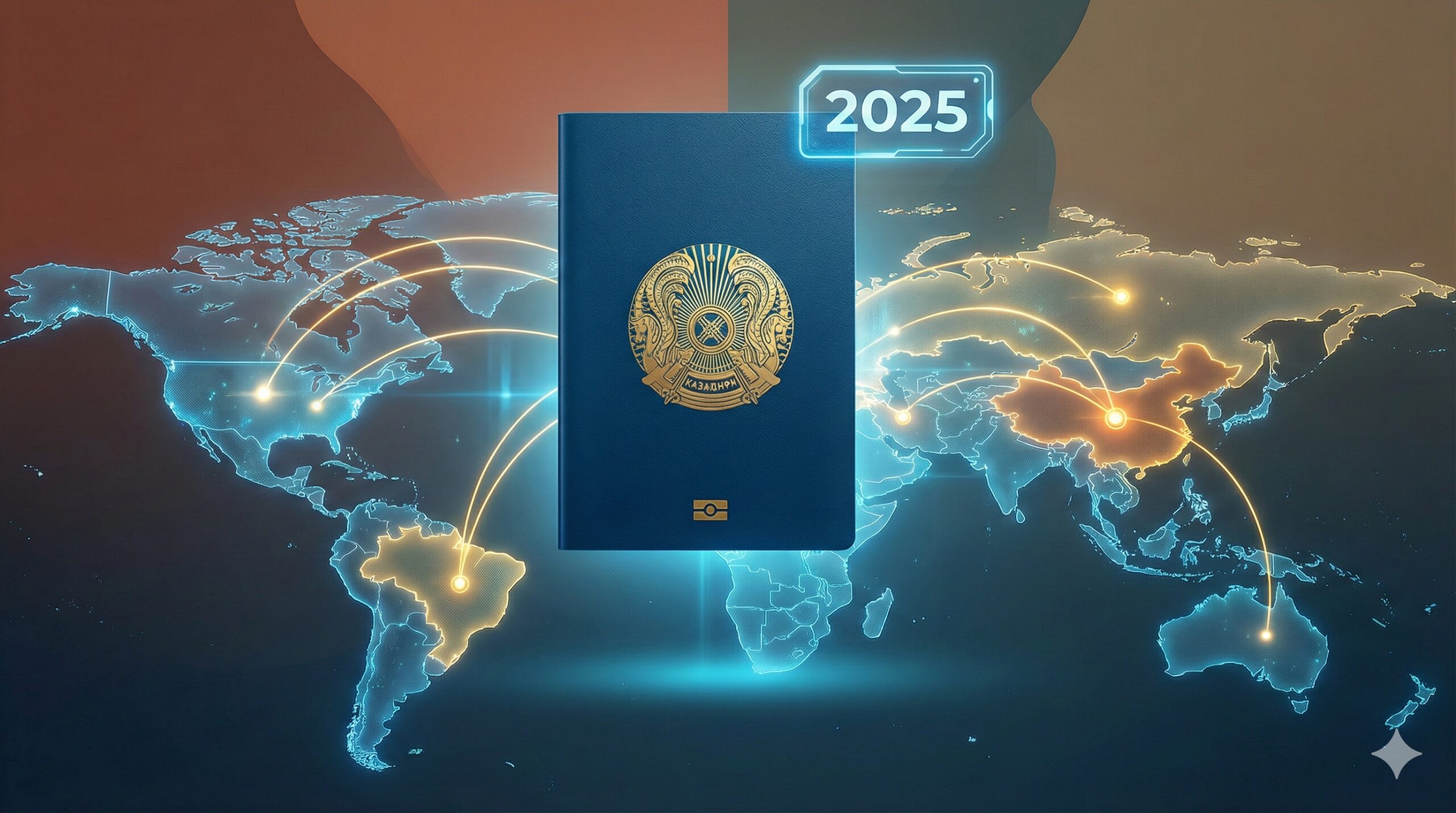 一张吸引人的文章封面图，主题是哈萨克斯坦护照的全球通行力。画面中央是哈萨克斯坦的深蓝色普通护照，右上角放置一个醒目的“2025”标签。护照下方铺展开一张半透明的世界地图，用亮金色线条突出显示出免签的国家和地区（如中国、土耳其、俄罗斯、巴西等）。整体色调应采用稳重的大地色系与科技蓝，营造出专业和高端的旅行感。构图简洁有力，突出护照和世界地图的核心元素，强调“全球通行”的主题。