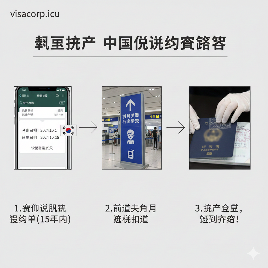 用于展示免签入境的实际流程。图片应是一个三步流程图（Step-by-Step）。第一步：一个电子机票屏幕，显示往返日期在15天内。第二步：一个在机场边检通道前的箭头指示牌，标有“Foreigner Passport Control”字样。第三步：一个特写镜头，展示边检人员在护照上盖章的瞬间。整体色调明亮、高效，使用简洁的线条和图标来连接步骤，体现入境过程的便捷和重要环节（往返票、边检、盖章）。
