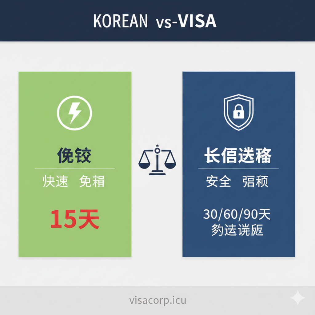 此图用于对比“免签”与“长期签证”的优势。采用一个左右分明的对比设计。左侧为“免签”区域，底色为快速的亮绿色，配以一个闪电图标，强调“快速、免费”，但停留期只有“15天”的红色数字。右侧为“签证”区域，底色为稳重的深蓝色，配以一个盾牌或锁图标，强调“安全、灵活”，并有“30/60/90天”和“多次往返”的字样。中间用一个天平或对比箭头连接，专业地展示出不同选择的利弊权衡，契合visacorp.icu的专业顾问角色。