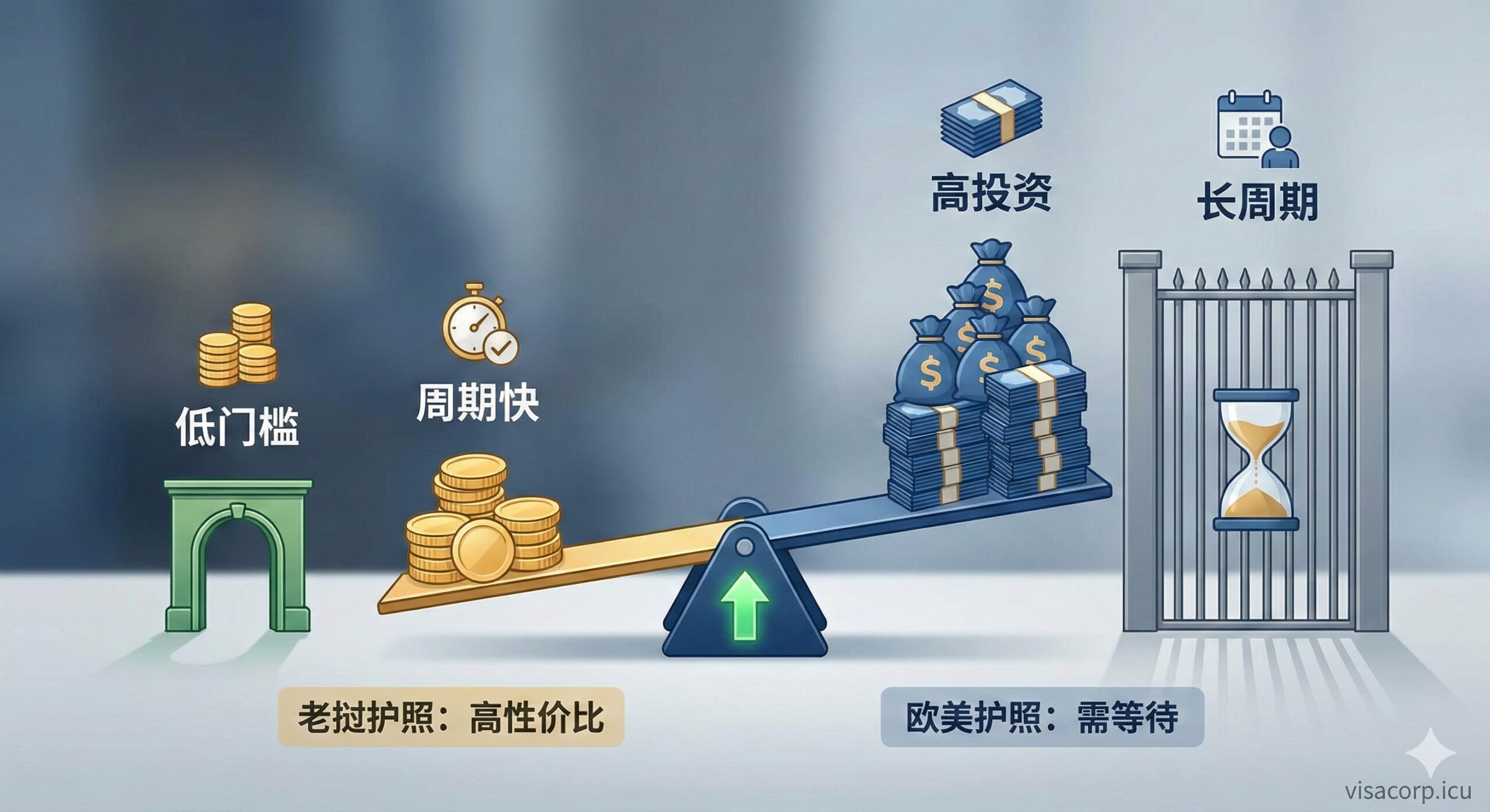 展示老挝护照相对优势的对比图。画面应设计成一个天平或对比表格的视觉化表达。一侧是代表老挝护照的较小堆叠金币或较低的门槛线,配以“低门槛”和“周期快”的文字;另一侧是代表欧美护照的较高的门槛线或需要长时间等待的沙漏图标,配以“高投资”和“长周期”的文字。整体风格应专业且具有说服力,使用对比强烈的色彩,突出老挝护照的性价比。