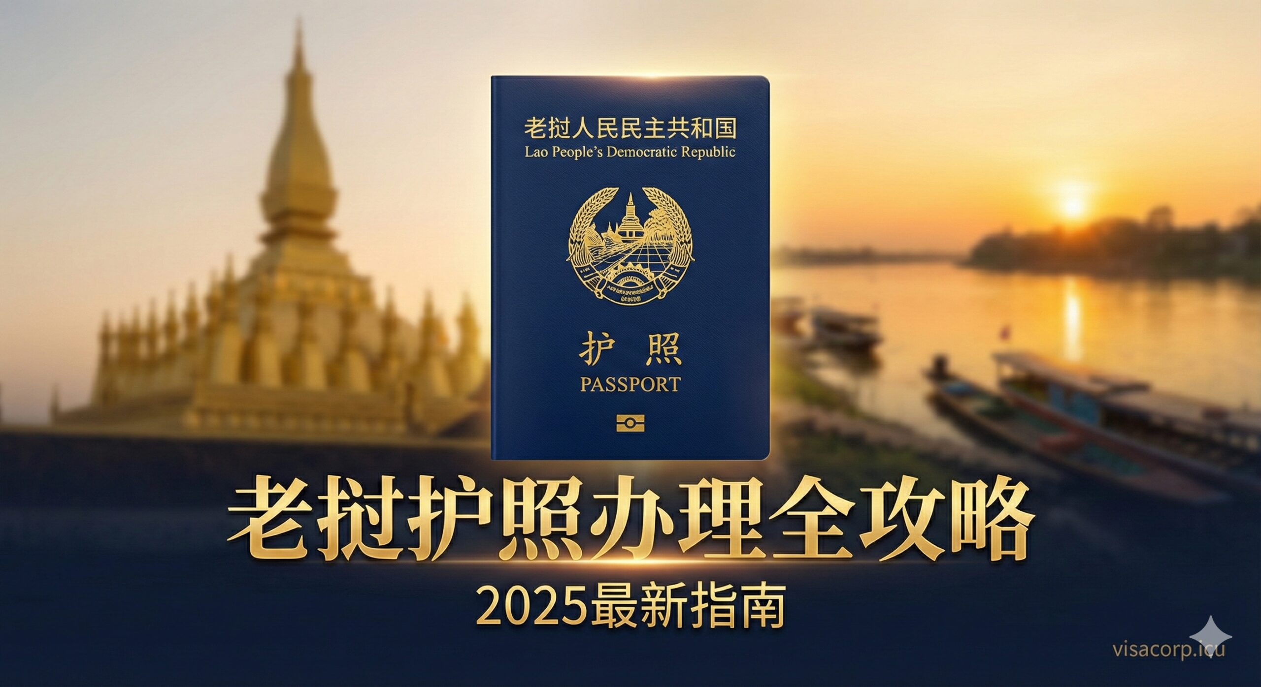 老挝护照办理全攻略的封面图。图片主体是一个带有老挝国徽的深蓝色护照特写,背景是老挝著名的地标建筑或自然风光(如大金塔或湄公河景致)的模糊暖色调剪影。设计风格现代、专业,色彩以深蓝、金色和温暖的黄色调为主,强调“黄金身份”的价值。护照下方应有“2025最新指南”的微小文字,营造权威和时效性。