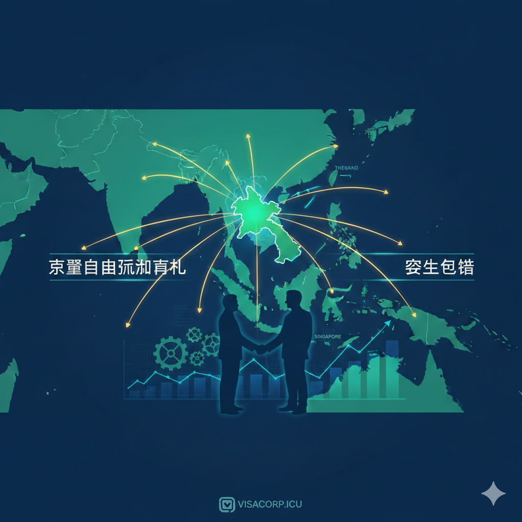 体现老挝护照战略与商业便利性的功能图。图中央是一张醒目的东南亚地图(东盟ASEAN区域),老挝被高亮标记,并向周边主要国家(如泰国、越南、新加坡、柬埔寨)延伸出箭头或光线。画面应包含商务人士握手或象征投资的图标,强调“东盟自由流动潜力”和“资产配置”的关键词。整体色调为商务蓝和绿色,体现区域经济活力。
