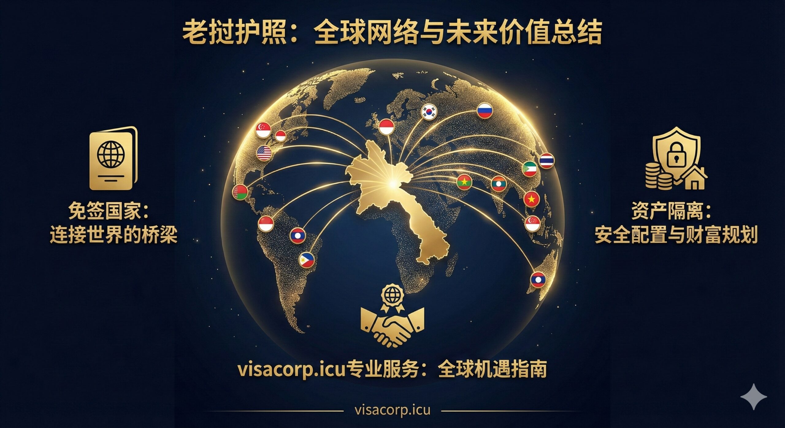 总结老挝护照带来的全球网络与未来价值。画面主体是一个抽象的全球地图或地球,老挝的位置被突出显示,并向世界各地延伸出连接线,连接线末端可以展示部分免签国家的国旗。图中应包含“免签国家”、“资产隔离”、“visacorp.icu专业服务”等关键词图标。色彩应选用深色背景和金色线条,营造出权威、广阔和高净值的感觉,作为对文章内容的专业收尾。
