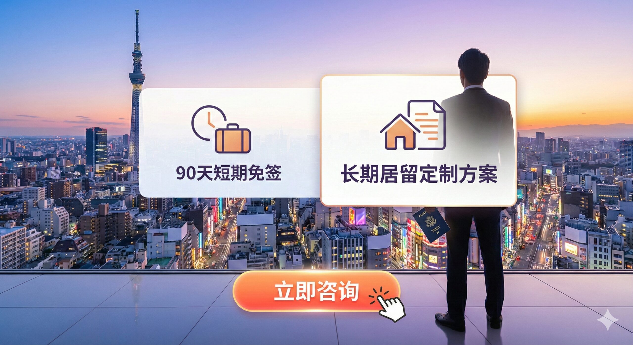 总结图片，包含行动号召(CTA)元素。画面应是一张高品质的、展望未来的日本城市景观，最好能看到一个穿着商务装、手持美国护照的人（侧影或背影）自信地站在高处，俯瞰城市。背景中叠加一个简洁的图形，包含'90天短期免签'和'长期居留定制方案'的文字或图标，形成对比。底部留出空间放置一个醒目的按钮/光标图标，配文'立即咨询'，以吸引用户点击获取长期签证服务。整体色彩明亮，激发行动欲望和对未来生活的憧憬。