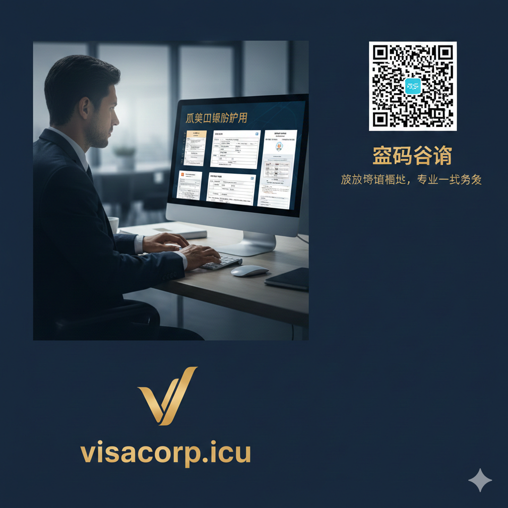 一张用于总结和呼吁用户联系visacorp.icu的图片。画面以一位着装专业的顾问（可以是剪影或侧面）在电脑前工作的场景为主，电脑屏幕上显示卢森堡护照和入籍文件的界面。下方放置一个醒目的、设计感的visacorp.icu LOGO或标志性元素。图片右侧留白处可以放置一个咨询二维码或者“立即咨询”的号召性文字。风格为高端商务，色彩沉稳（如深蓝或金色），强调专业、一站式的服务和解决语言门槛的能力。