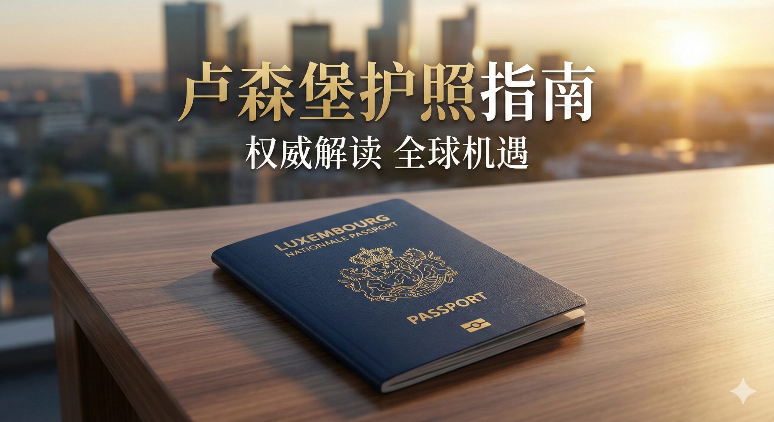 一张富有金融和国际感的封面图。主视觉是一个特写镜头下的卢森堡护照，放置在一张现代感的木质桌面上。背景是卢森堡首都的金融区天际线，天空微亮，带有清晨的金色光芒，象征着机遇。画面色彩以深蓝、金色和白色为主，构图大气、专业。护照上隐约可见卢森堡国徽，突出主题的权威性和高价值感。图片风格应是高清、商务且极具吸引力的。
