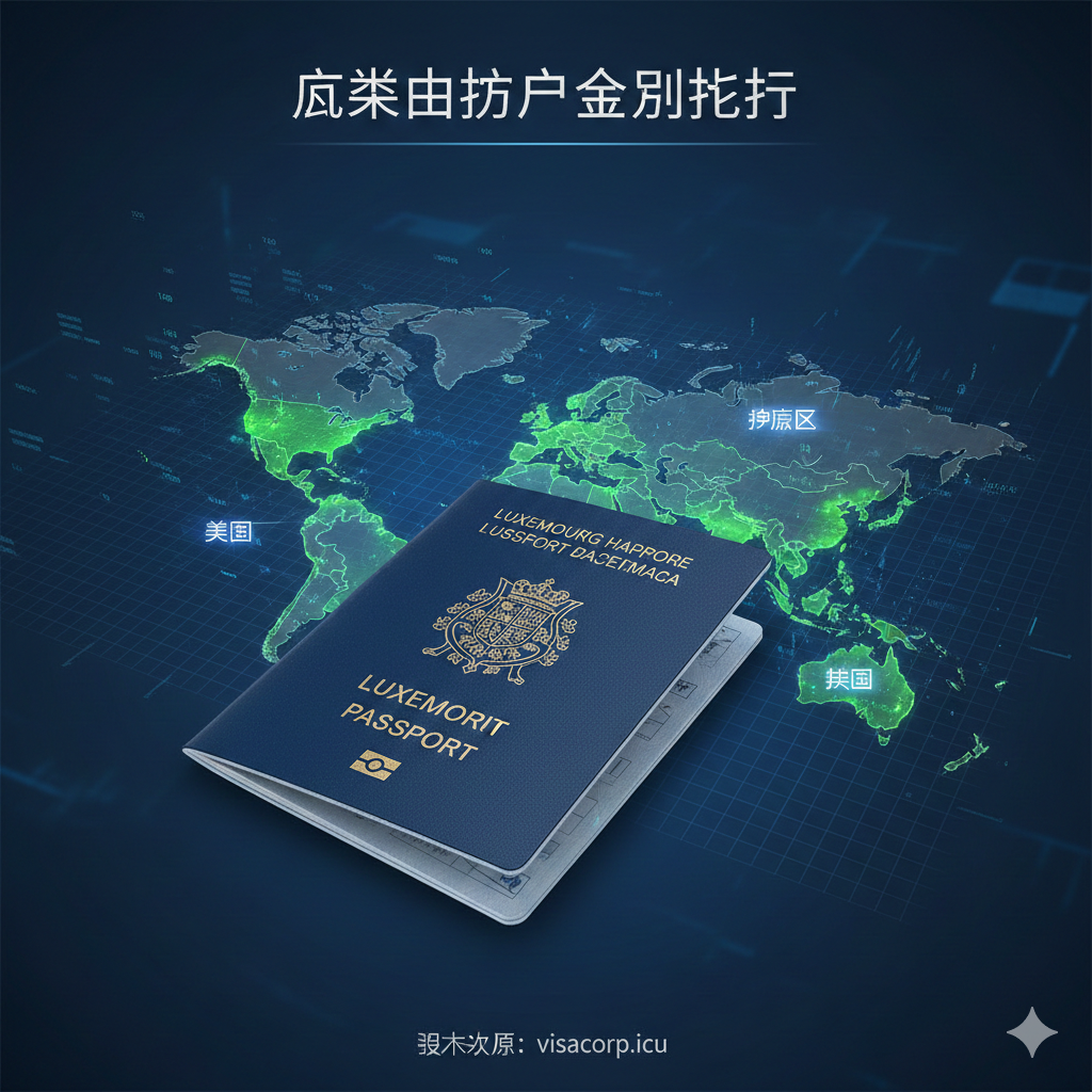 展示卢森堡护照全球旅行自由度的功能图。画面中央是一本打开的卢森堡护照，其侧面是动态光效投射出的全球地图。地图上超过180个免签国家和地区被点亮，用鲜明的绿色高亮显示，与未免签地区的灰色形成对比。地图上标注出“美国”、“加拿大”、“申根区”等重要区域。整体色彩鲜明，强调护照的强大免签国功能。风格为科技感十足的3D数据可视化，体现“全球畅行”的主题。