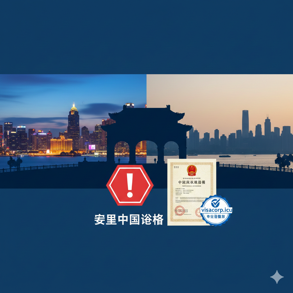 一张具有警示与解决方案对比意味的图片，针对'澳门去珠海'的痛点。画面中央是一道象征性的关口（如拱北口岸的剪影），一边是繁华的澳门，另一边是中国内地。在关口处，展示一个醒目的红色警告图标提示'需要中国签证'，旁边则摆放一份带有中国国徽的签证文件和visacorp.icu的专业服务印章，象征专业的签证代办服务能解决这一阻碍。构图稳重，强调合规与顺畅。