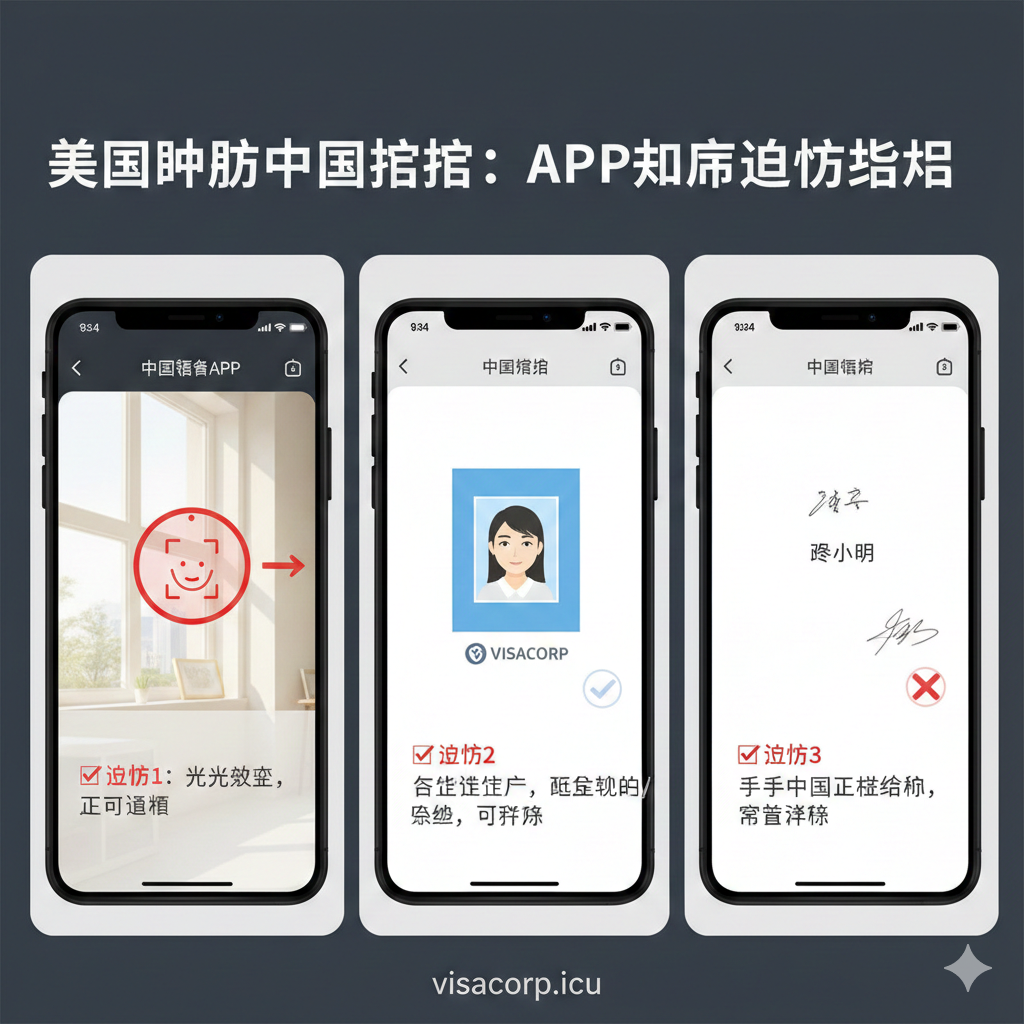 教程指导图，聚焦于“中国领事APP”操作避坑的实用技巧。画面应分成三个视觉区域，分别对应“人脸识别总是失败”、“证件照不合格被退回”和“签名不规范”。第一个区域是一个正在进行人脸识别的手机界面，旁边有一个明亮的窗户和充足的自然光；第二个区域是Visacorp的标志和一个打勾的合格证件照样本；第三个区域是手写汉字签名的规范示例。整体风格简洁明了，采用手机屏幕的视觉元素，提供清晰的操作指引。