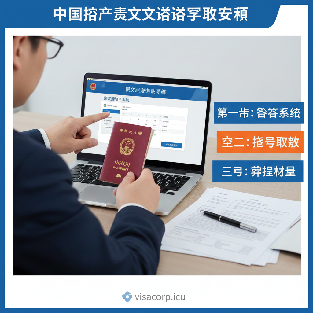 图片展示“预约领事面谈”的教程步骤。主画面是一个手持护照的人在电脑前操作Mexitel系统的特写镜头，屏幕上隐约可见预约界面的关键步骤（如日历、时间选择）。旁边配有三个简洁的步骤指示牌（Step 1: 注册系统；Step 2: 抢号预约；Step 3: 准备材料），用蓝色和橙色色块区分。整体风格为商务教程感，强调流程的严谨性和步骤性，以解决用户对“墨西哥签证预约流程”的困惑。