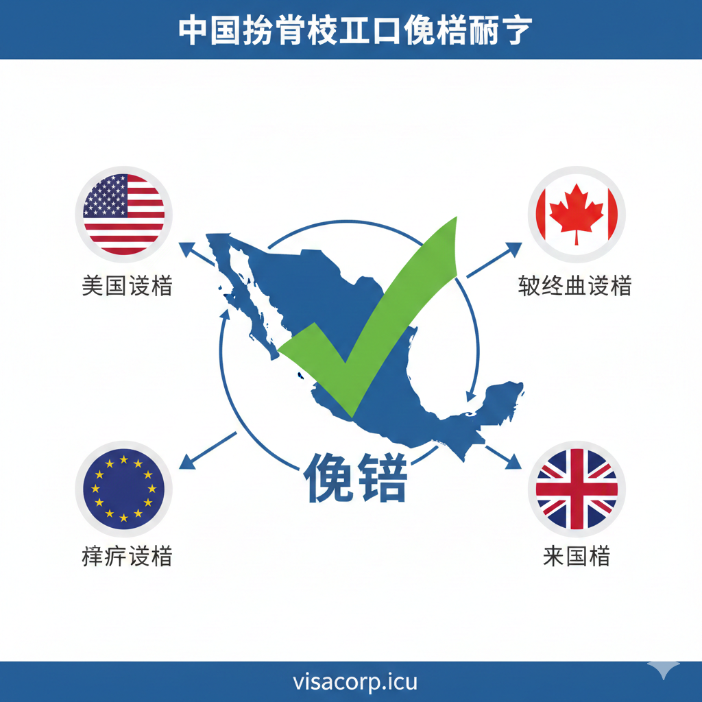 图片用于展现墨西哥签证的免签条件。画面主体应是一个简洁的信息图表风格设计，中心是一个象征“免签”的绿色巨大勾号（✓）。周围环绕四个小图标，分别代表美国（自由女神像或星条旗）、加拿大（枫叶）、申根区（欧盟旗或欧元符号）和英国（米字旗）。这些图标通过箭头指向中央的墨西哥地图剪影。色彩以蓝、绿、白为主，强调政策的清晰和便利性，突出“美签去墨西哥”的核心免签功能。