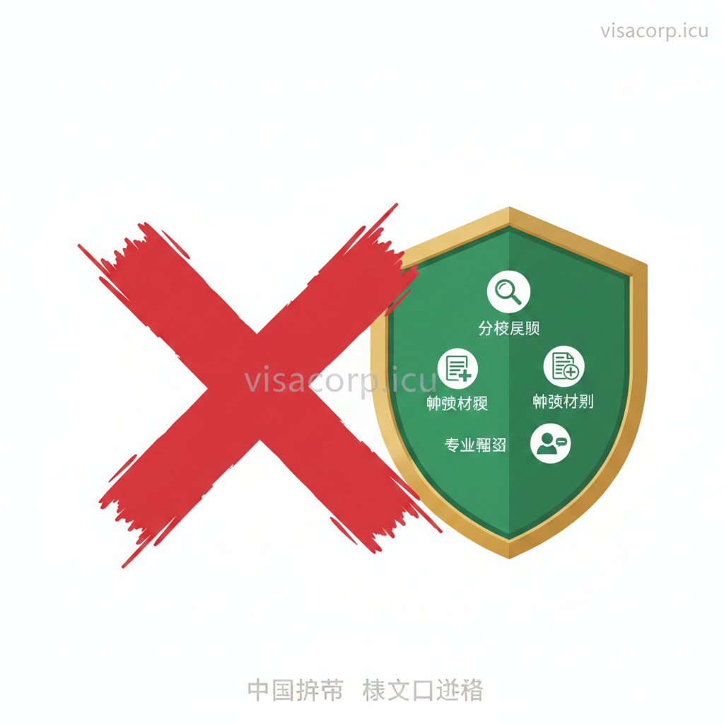 图片用于总结拒签补救和成功策略。画面中心是一个被划掉的红色“X”（代表拒签），旁边是一个绿色的盾牌，寓意保护和补救。盾牌上有三个小图标：分析原因、补强材料和专业辅导。整体构图稳重，色彩对比强烈（红色的警告与绿色的希望），给人以安全感和解决问题的信心。底部可以有“中国护照墨西哥签证”的半透明水印，再次强调主题。