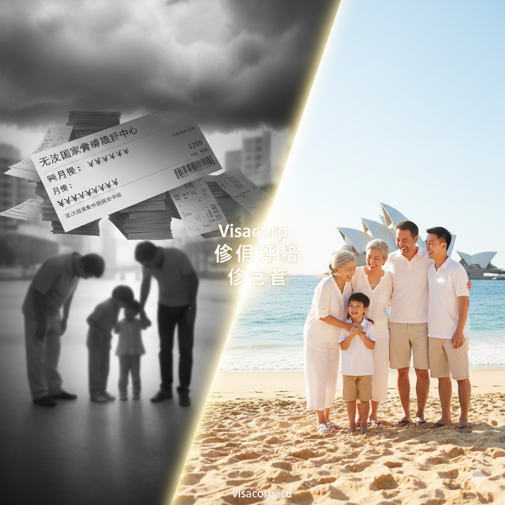 一张体现“移民规划”优势的对比图。左侧是一个被医疗账单和高昂月费困扰的家庭阴影，代表国内纯自费养老的压力；右侧是一个全家三代人在阳光下的澳大利亚海边拥抱、欢笑的场景，代表通过移民获得身份保障后的轻松生活。中间用一个向上倾斜的箭头或桥梁连接，桥上写着“Visacorp 移民规划”或“身份配置”，突出海外身份带来的长期优势和家庭团聚价值。