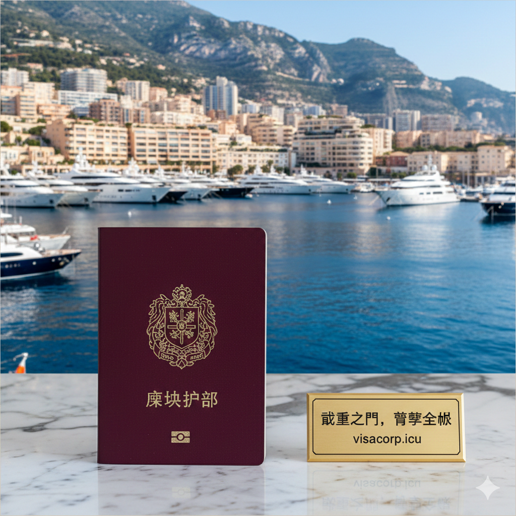 以摩纳哥标志性的蒙特卡洛(Monte Carlo)港口为背景,构图采用黄金分割法。前景是一个手持或平放在大理石桌面的深红色护照,护照上带有摩纳哥国徽或'Monaco'字样,象征着'摩纳哥护照'。背景是停泊的豪华游艇、蔚蓝的地中海和海岸线上错落有致的白色豪华公寓。整体色调高端、奢华,强调财富、地位和'免税天堂'的主题,突出高净值人士(HNWIs)的身份规划。