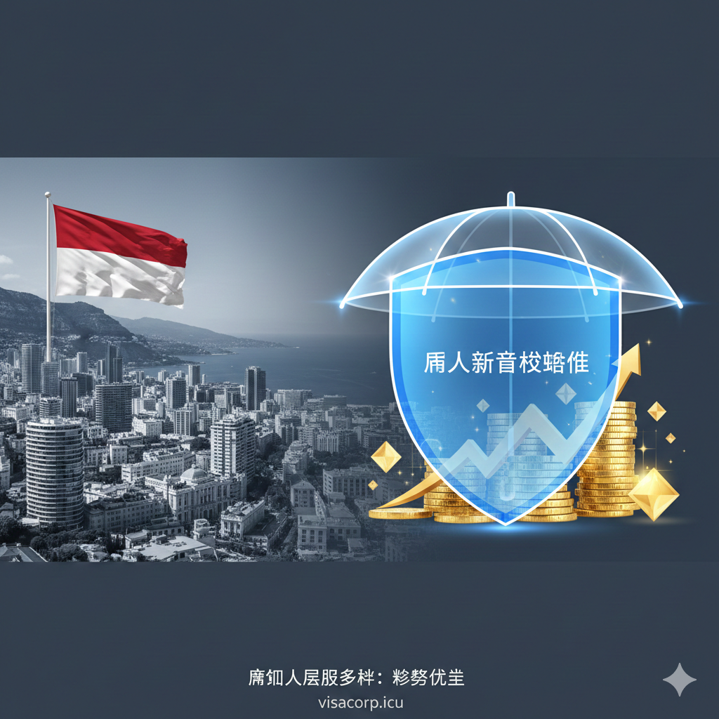 一张概念图,清晰地展示摩纳哥身份的核心功能:税务优势。画面左侧是摩纳哥的城市天际线和国旗,右侧是堆叠的金色硬币或抽象的财富符号。中间有一个巨大的、透明的盾牌或保护伞,象征着'个人所得税豁免',保护着财富符号。整体采用冷色调和金色点缀,营造出安全、专业的金融氛围,强调居留卡带来的税务保护功能,而不是护照本身的旅行功能。
