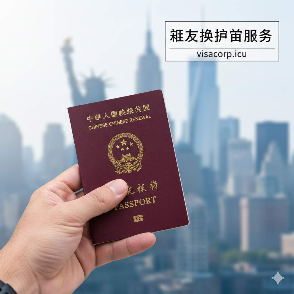 一张具有高度专业感和地域特征的封面图片。画面前景是一本清晰的中华人民共和国护照（暗红色封面，金徽章），被一只手稳稳托住。背景通过大光圈虚化处理，展示纽约市标志性的天际线，如自由女神像或帝国大厦的轮廓，光线明亮柔和，象征着在海外的身份证明。整体色调以护照的庄重红和城市的冷蓝灰形成对比，视觉中心突出，传达出“纽约换护照”的权威性与服务的专业度。
