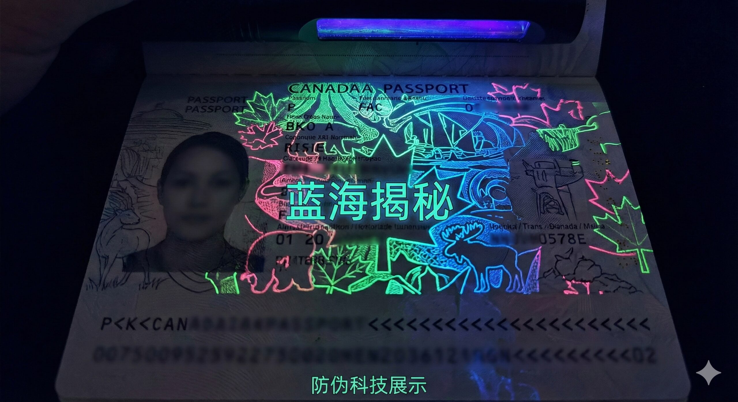 展示新版加拿大护照的防伪功能。图片应聚焦于护照内页，尤其是数据页或签证页，显示在紫外线（UV）灯照射下的惊人效果。在黑暗背景下，内页上原本简单的线条突然发出荧光绿、荧光粉和蓝色等鲜艳色彩，展示出复杂的隐藏图案和防伪元素（例如枫叶、动物或历史场景）。画面需要强调科技感和防伪的复杂性，突出文章中提到的'蓝海揭秘'。