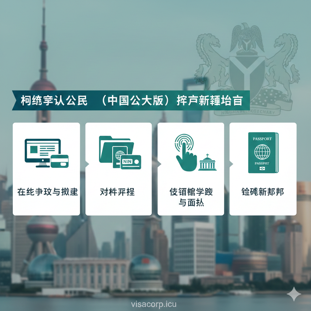 教程图针对在中国的尼日利亚公民办理护照更新流程。画面采用分步指导（Step-by-Step）的流程图或看板（Dashboard）风格。主要元素包括三个或四个方块，分别代表'在线申请/缴费'（显示电脑屏幕和信用卡图标）、'文件准备'（显示文件夹、护照和NIN卡图标）和'使领馆面谈/采集生物信息'（显示使馆建筑剪影或指纹扫描图标）。背景可以模糊处理的中国标志性建筑（如长城或上海天际线）或尼日利亚使馆的Logo，强调“中国大陆版”指南的地域特性。色彩以蓝绿调为主，体现流程的清晰和规范。
