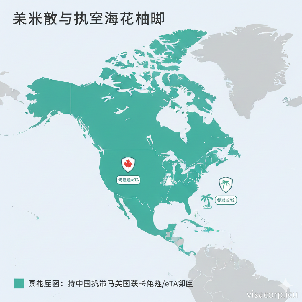 这是一张扁平化风格的地理信息图，重点高亮显示北美洲及加勒比海地区。地图上用醒目的绿色标记出加拿大、墨西哥以及加勒比海岛国，象征这些是绿卡持有者的'后花园'。画面中点缀着著名地标的极简图标（如墨西哥金字塔、加拿大枫叶、海岛椰树），并在旁边配有小型的'Visa Free'或'eTA'标识盾牌。设计风格简洁现代，线条流畅，配色清新，便于读者一眼识别核心免签区域。