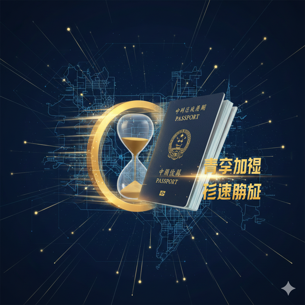 强调速度与效率的优势展示图。画面使用动态模糊效果，展示一个金色的沙漏或高速运转的时钟，旁边是一本正在快速生成的护照。背景采用深蓝色的科技线条或纽约地图的抽象线条，寓意“加急通道”。画面中融入“VIP”或“Fast Track”的金色英文字样，视觉冲击力强，色彩以深蓝搭配流光金，突显visacorp.icu提供的加急代办服务的尊贵与高效优势。